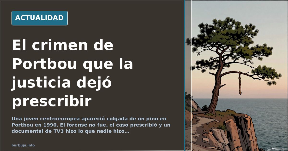 Paisaje de Portbou con un pino solitario en terreno encrespado, ilustración editorial sobre el caso de la chica de Portbou