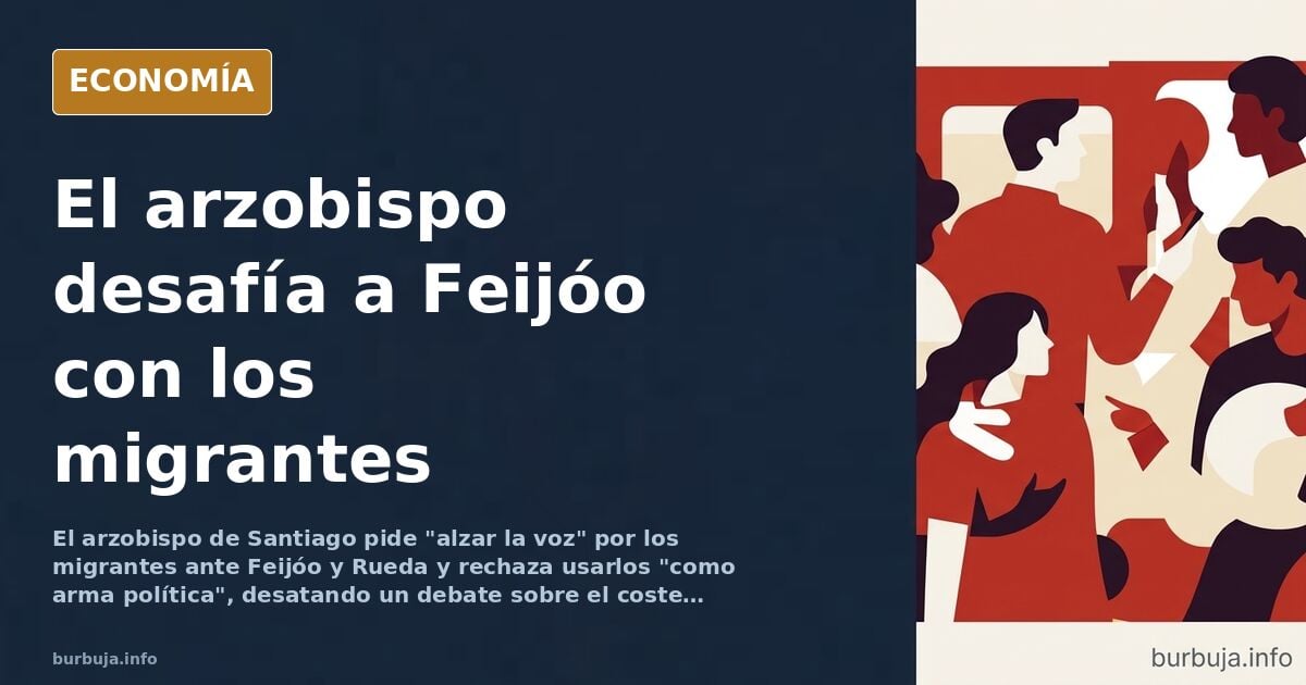 Ilustración editorial de un arzobispo con báculo frente a una tribuna política, con migrantes representados en segundo plano