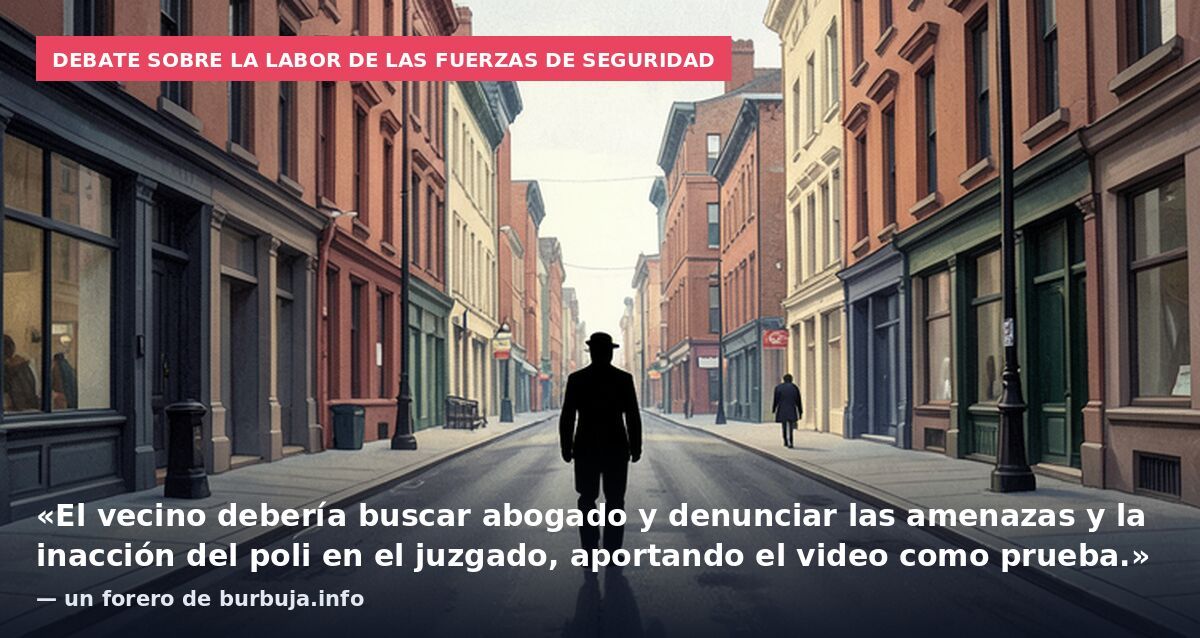 Debate sobre la labor de las fuerzas de seguridad: «El vecino debería buscar abogado y denunciar las amenazas y la inacción del poli en el juzgado, aportando el video como prueba.» — un forero de burbuja.info