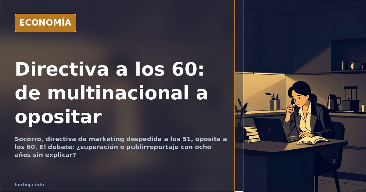 Mujer de 60 años estudiando apuntes de oposiciones en un escritorio con portátil y libros de derecho administrativo