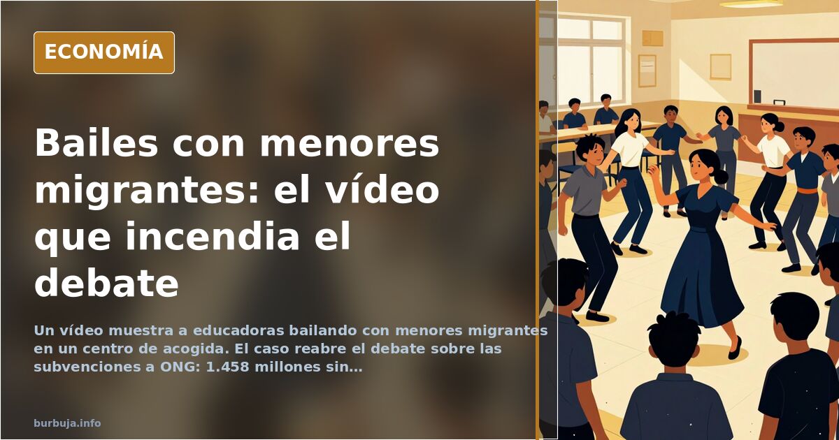 Ilustración editorial de un centro de acogida con figuras bailando y documentos de subvenciones sobre una mesa