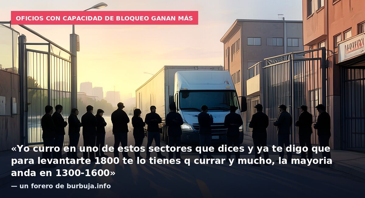 Oficios con capacidad de bloqueo ganan más: «Yo curro en uno de estos sectores que dices y ya te digo que para levantarte 1800 te lo tienes q currar y mucho, la mayoria anda en 1300-1600» — un forero de burbuja.info