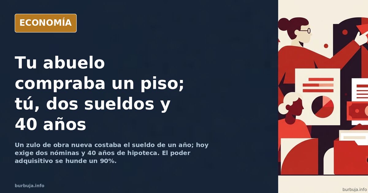 Ilustración editorial de dos generaciones comparando el precio de una vivienda con sus salarios anuales