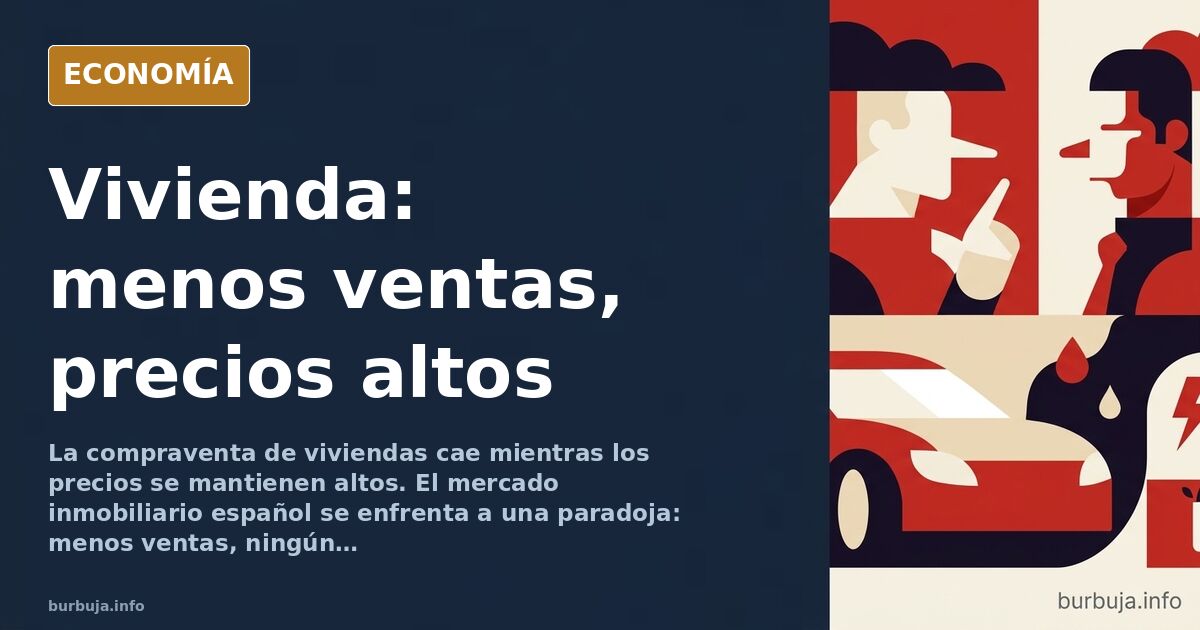 Gráfico de líneas descendente sobre un fondo de edificios residenciales, representando la caída de ventas de viviendas