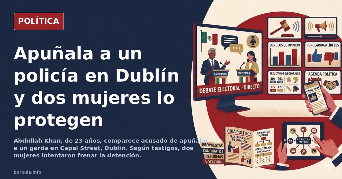 Ilustración editorial de un policía irlandés reduciendo a un sospechoso en el suelo mientras dos mujeres se interponen en una