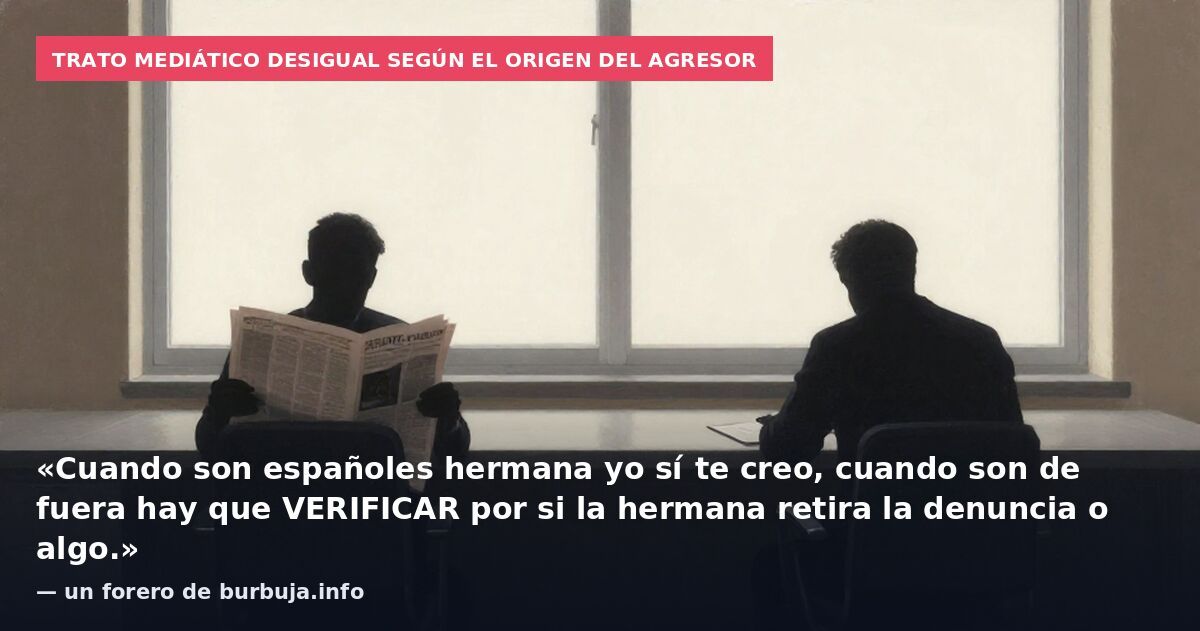 Trato mediático desigual según el origen del agresor: «Cuando son españoles hermana yo sí te creo, cuando son de fuera hay que VERIFICAR por si la hermana retira la denuncia o algo.» — un forero de burbuja.info