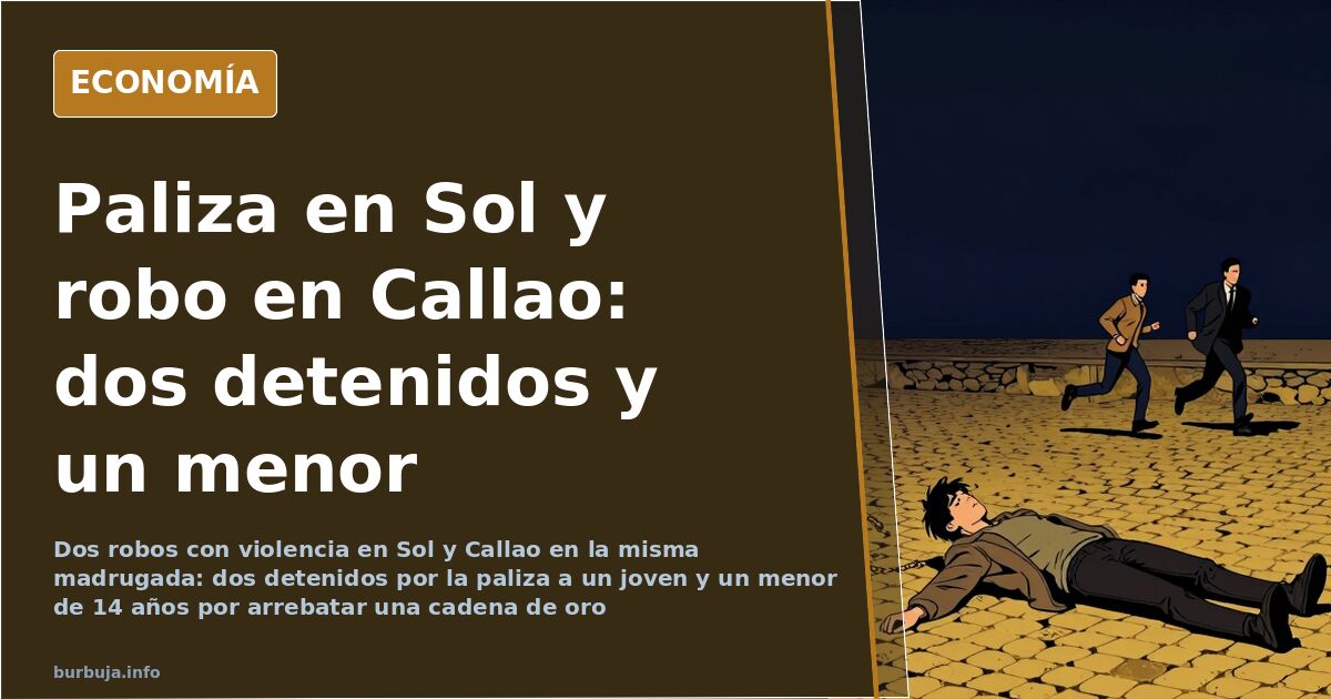 Ilustración editorial de la Puerta del Sol de Madrid de noche con presencia policial tras dos robos con violencia