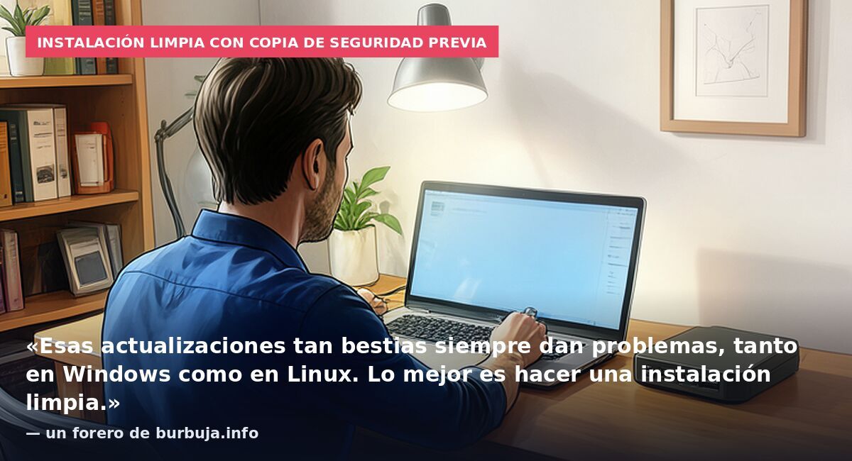 Instalación limpia con copia de seguridad previa: «Esas actualizaciones tan bestias siempre dan problemas, tanto en Windows como en Linux. Lo mejor es hacer una instalación limpia.» — un forero de burbuja.info