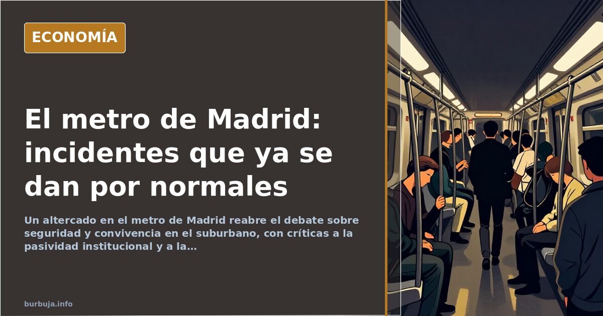 Vagón de metro de Madrid con pasajeros y un altercado en el centro, ilustración editorial en azul marino y dorado