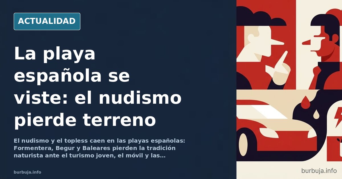 Playa mediterránea con bañistas vestidos y toallas sobre la arena, sin nudismo, bajo luz natural y tonos neutros