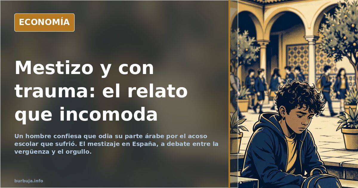Ilustración editorial de un hombre mestizo frente a un espejo que refleja dos identidades, símbolo del debate sobre el mestiz