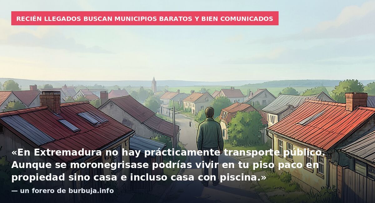 Recién llegados buscan municipios baratos y bien comunicados: «En Extremadura no hay prácticamente transporte público. Aunque se moronegrisase podrías vivir en tu piso paco en propiedad sino casa e incluso casa con piscina.» — un forero de burbuja.in