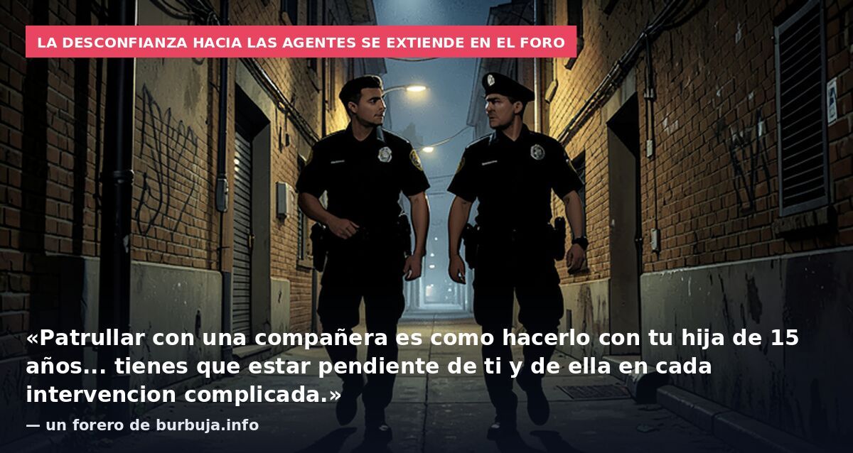 La desconfianza hacia las agentes se extiende en el foro: «Patrullar con una compañera es como hacerlo con tu hija de 15 años... tienes que estar pendiente de ti y de ella en cada intervencion complicada.» — un forero de burbuja.info