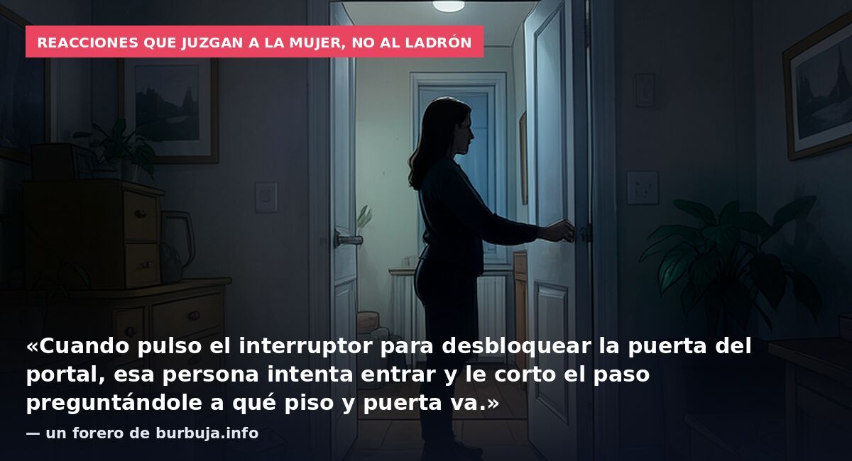 Reacciones que juzgan a la mujer, no al ladrón: «Cuando pulso el interruptor para desbloquear la puerta del portal, esa persona intenta entrar y le corto el paso preguntándole a qué piso y puerta va.» — un forero de burbuja.info