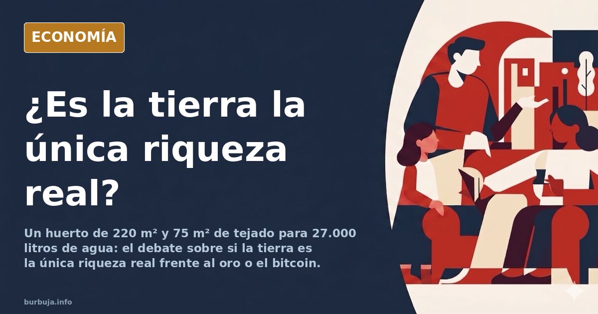 Ilustración editorial de un huerto junto a una casa de campo con tejado inclinado y frutales, símbolo de la riqueza en tierra