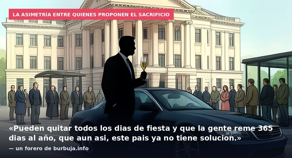La asimetría entre quienes proponen el sacrificio: «Pueden quitar todos los dias de fiesta y que la gente reme 365 dias al año, que aun asi, este pais ya no tiene solucion.» — un forero de burbuja.info