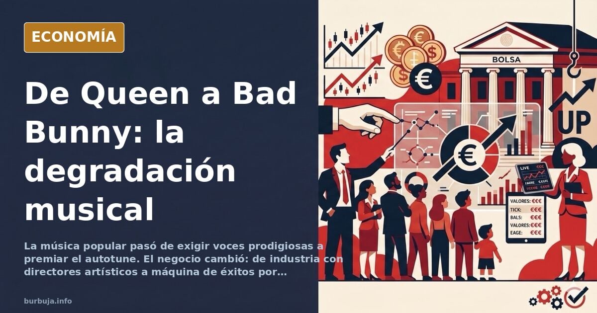 Ilustración editorial de un micrófono antiguo junto a una tableta de mezclas moderna, símbolo del cambio en la industria musi