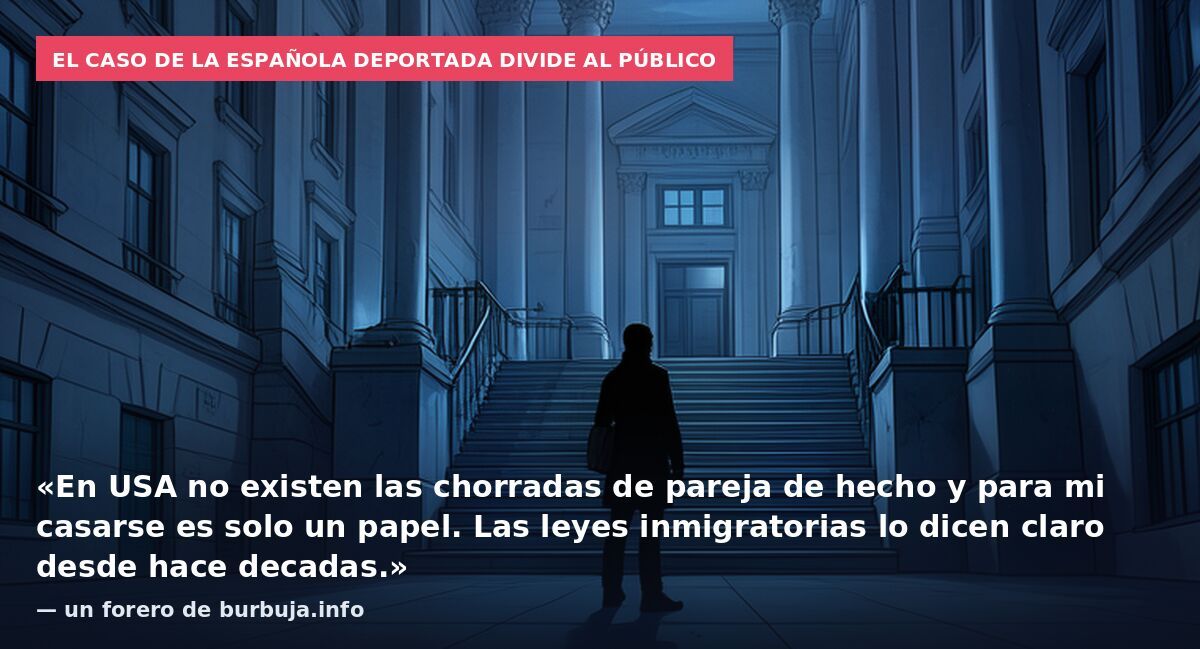 El caso de la española deportada divide al público: «En USA no existen las chorradas de pareja de hecho y para mi casarse es solo un papel. Las leyes inmigratorias lo dicen claro desde hace decadas.» — un forero de burbuja.info