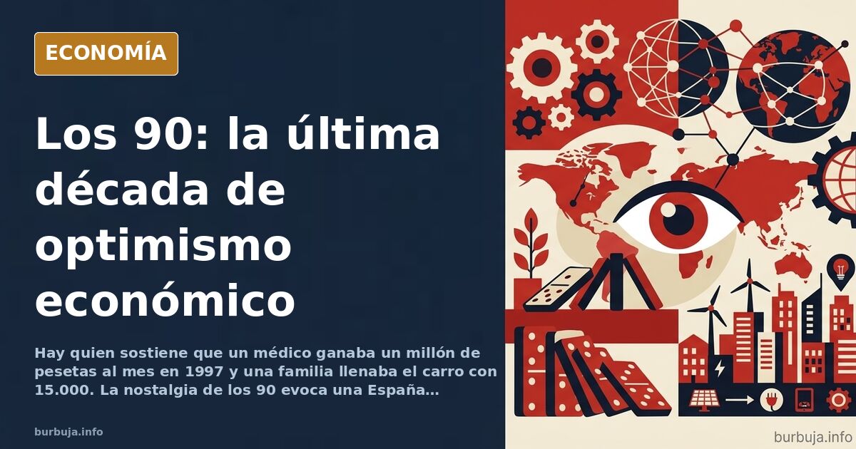 Ilustración editorial de la nostalgia de los años 90 en España con pesetas, un carro de la compra y el skyline de una ciudad 