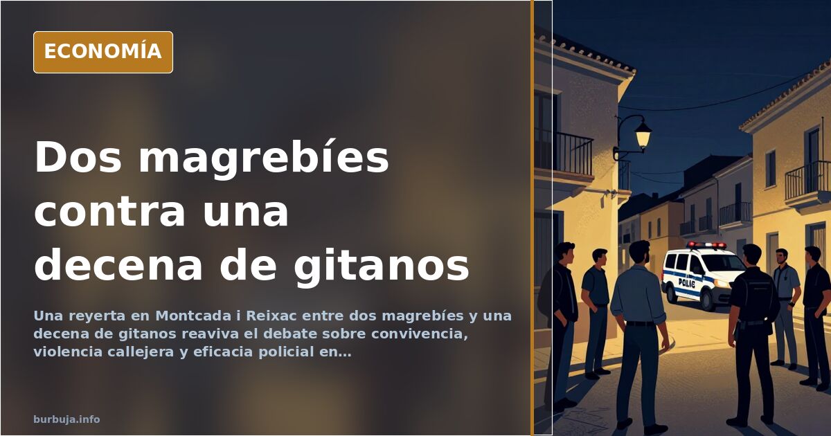 Escena de una pelea callejera en Montcada i Reixac con dos policías intentando separar a dos grupos enfrentados