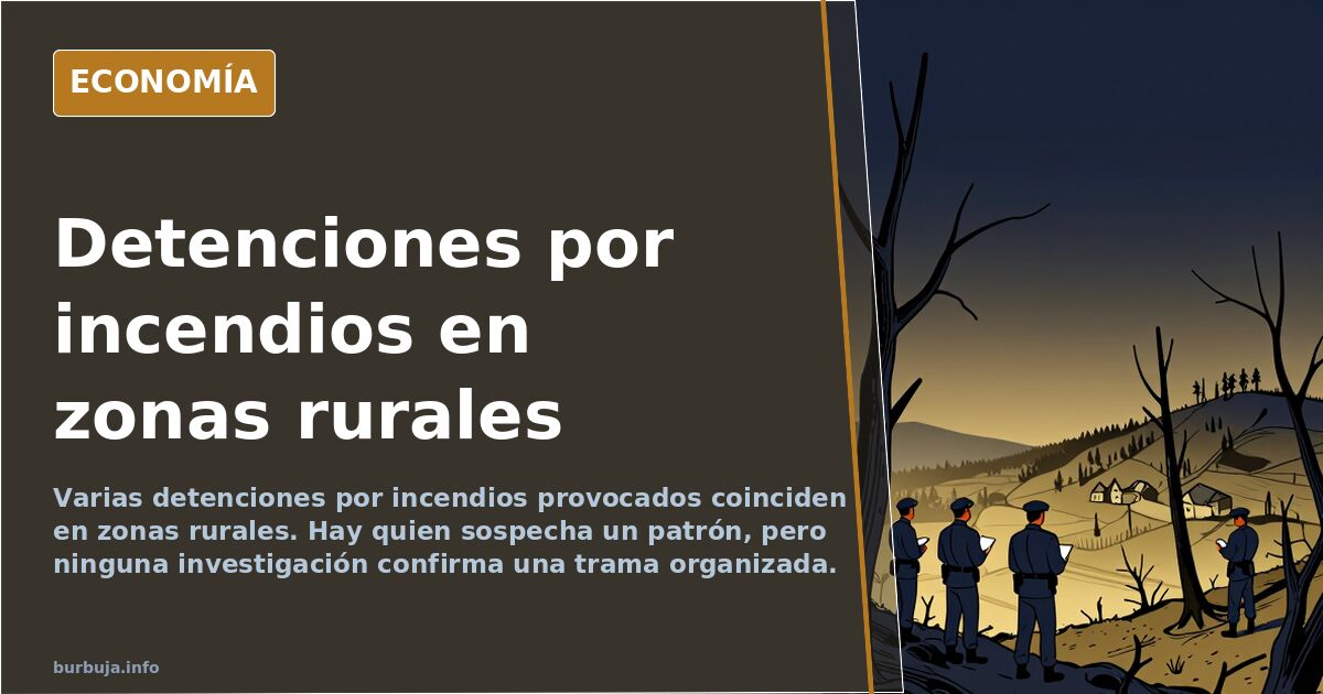 Ilustración editorial de un mapa de España con focos de incendio encendidos sobre municipios rurales y siluetas de detencione