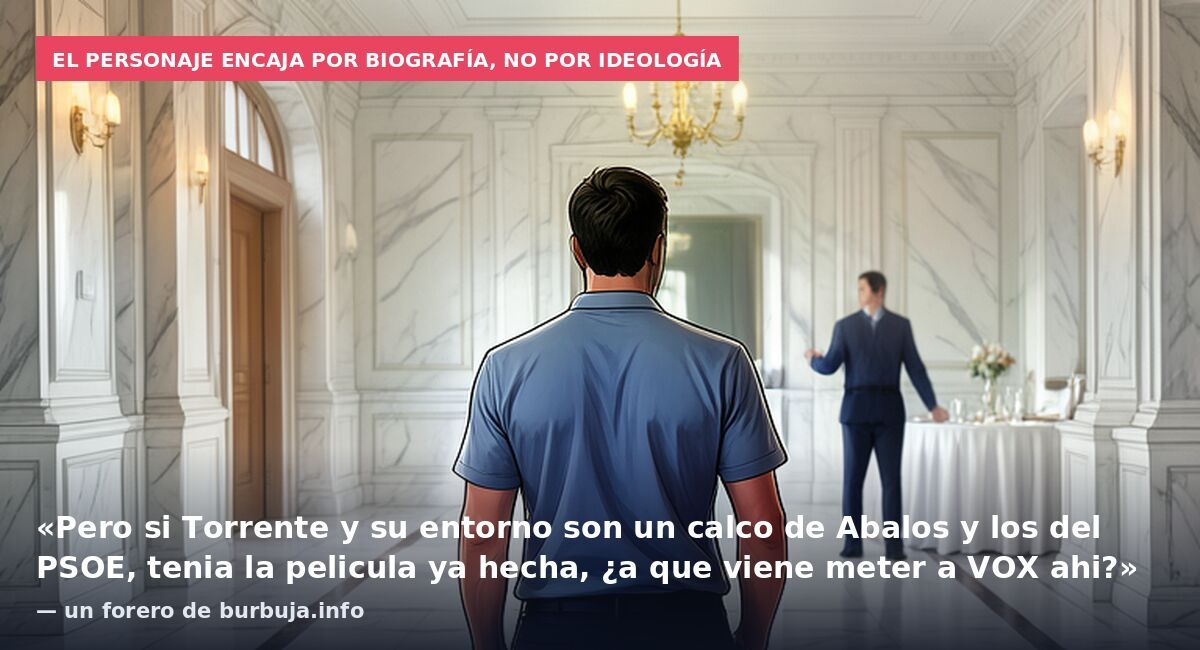 El personaje encaja por biografía, no por ideología: «Pero si Torrente y su entorno son un calco de Abalos y los del PSOE, tenia la pelicula ya hecha, ¿a que viene meter a VOX ahi?» — un forero de burbuja.info