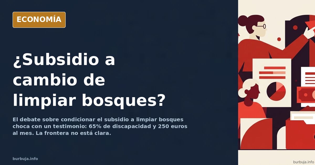 Ilustración editorial de una cuadrilla con rastrillos limpiando un bosque junto a un formulario de subsidio