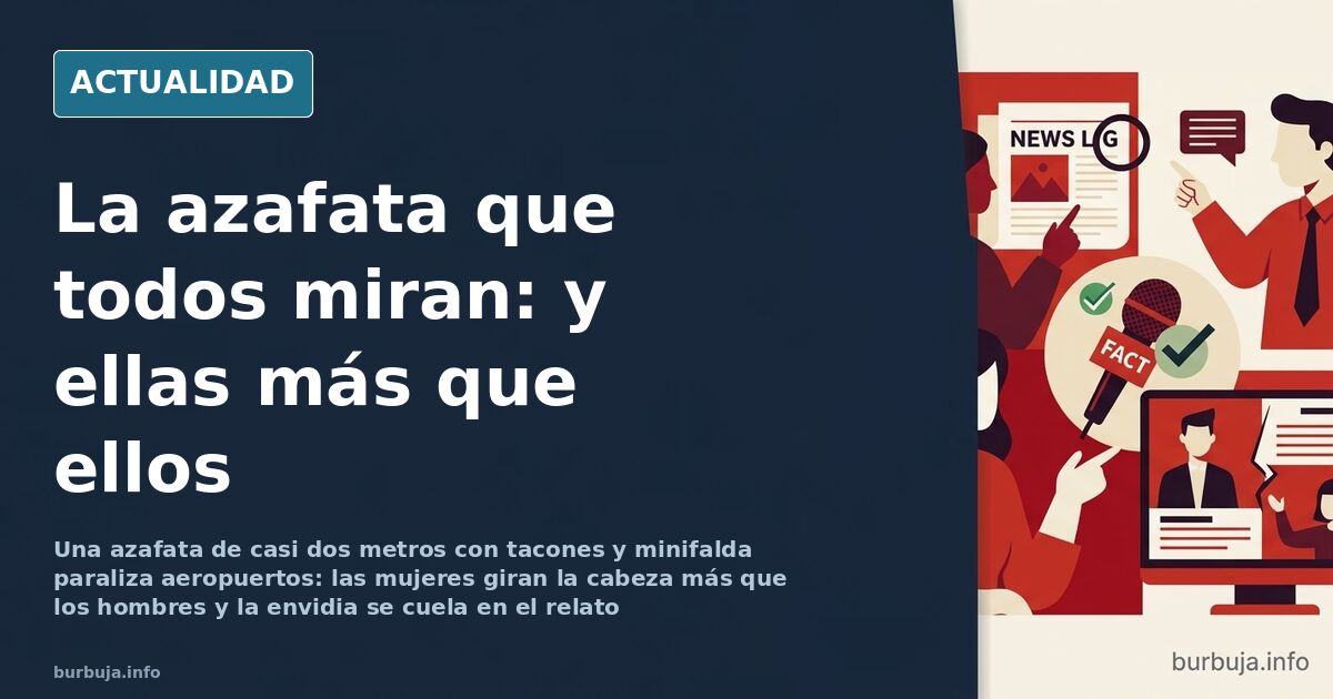 Mujer alta con uniforme azul de azafata y tacones caminando por la terminal de un aeropuerto entre viajeros que giran la cabe