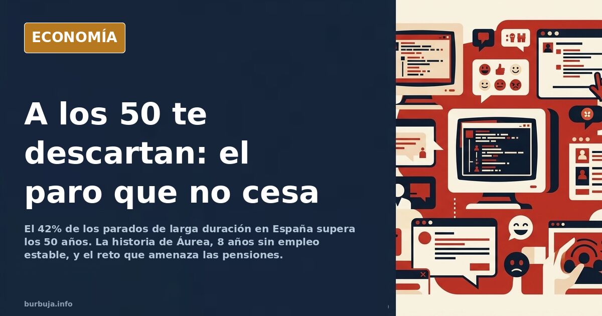 Ilustración editorial de un trabajador de mediana edad frente a una puerta cerrada, símbolo del paro a los 50 años