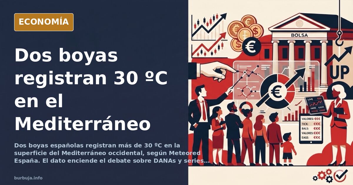 Ilustración editorial de dos boyas oceanográficas flotando en un mar Mediterráneo oscuro bajo un sol intenso, con la superfic