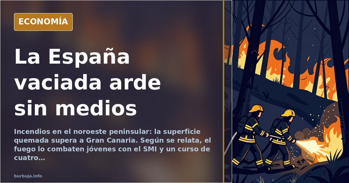 Ilustración editorial de un paisaje rural español en llamas, con un pueblo vacío y una embotelladora de agua al fondo, en ton