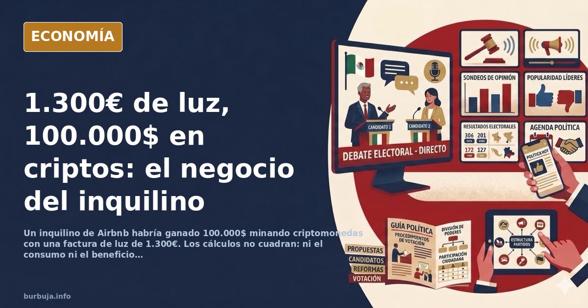 Ilustración editorial de una granja de minería de criptomonedas instalada en un apartamento turístico, con cables y ordenador