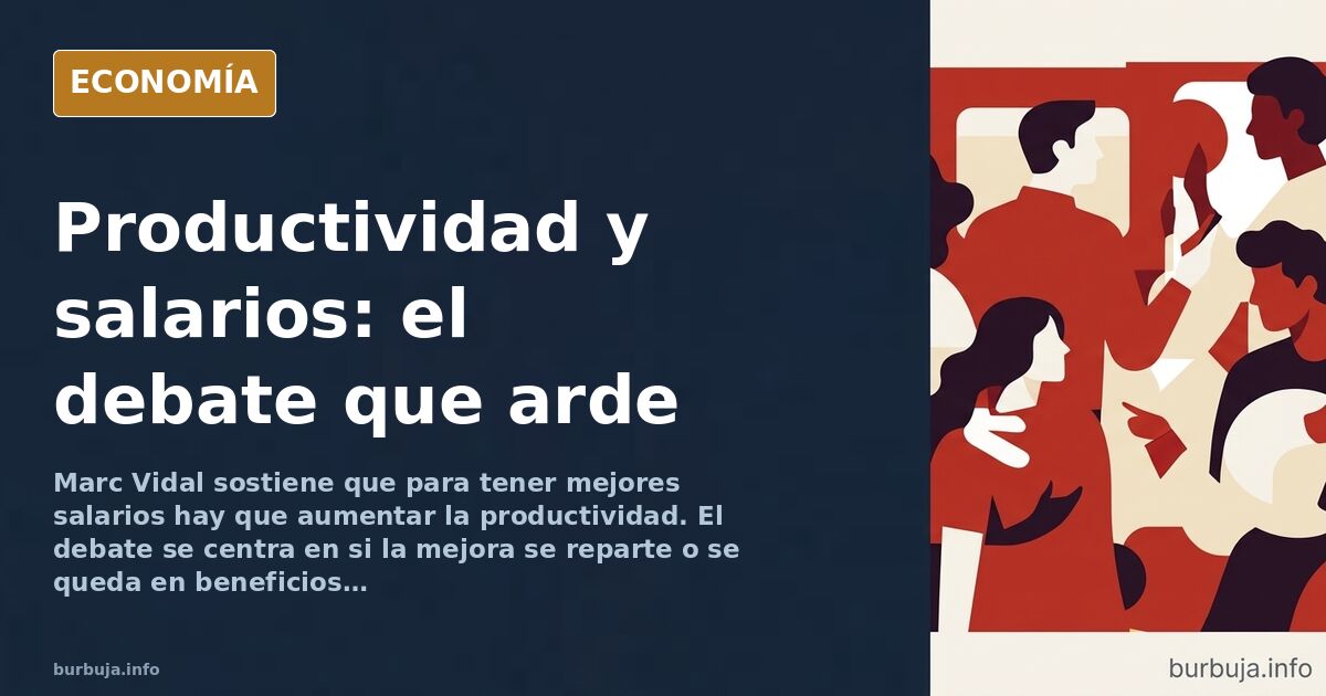Ilustración editorial de un gráfico ascendente de productividad frente a una nómina estancada, en azul marino y dorado