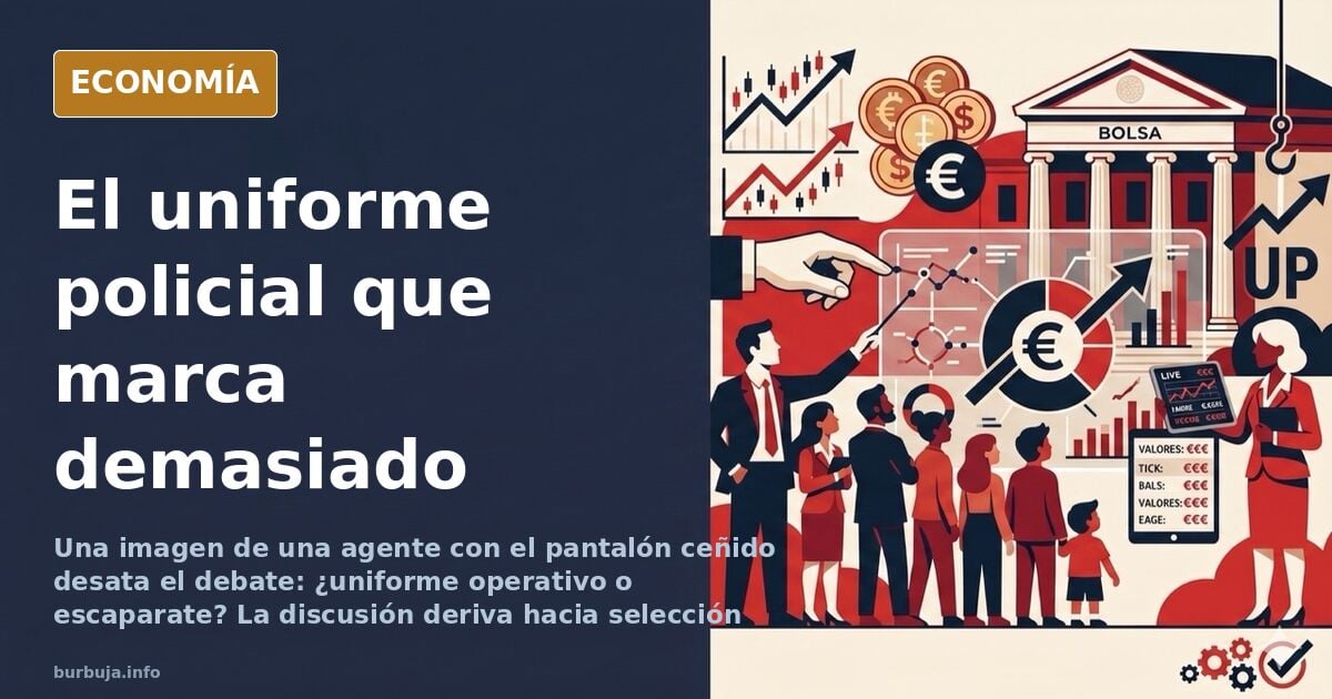 Ilustración editorial de un uniforme policial azul con pantalón ajustado sobre fondo navy y detalles dorados