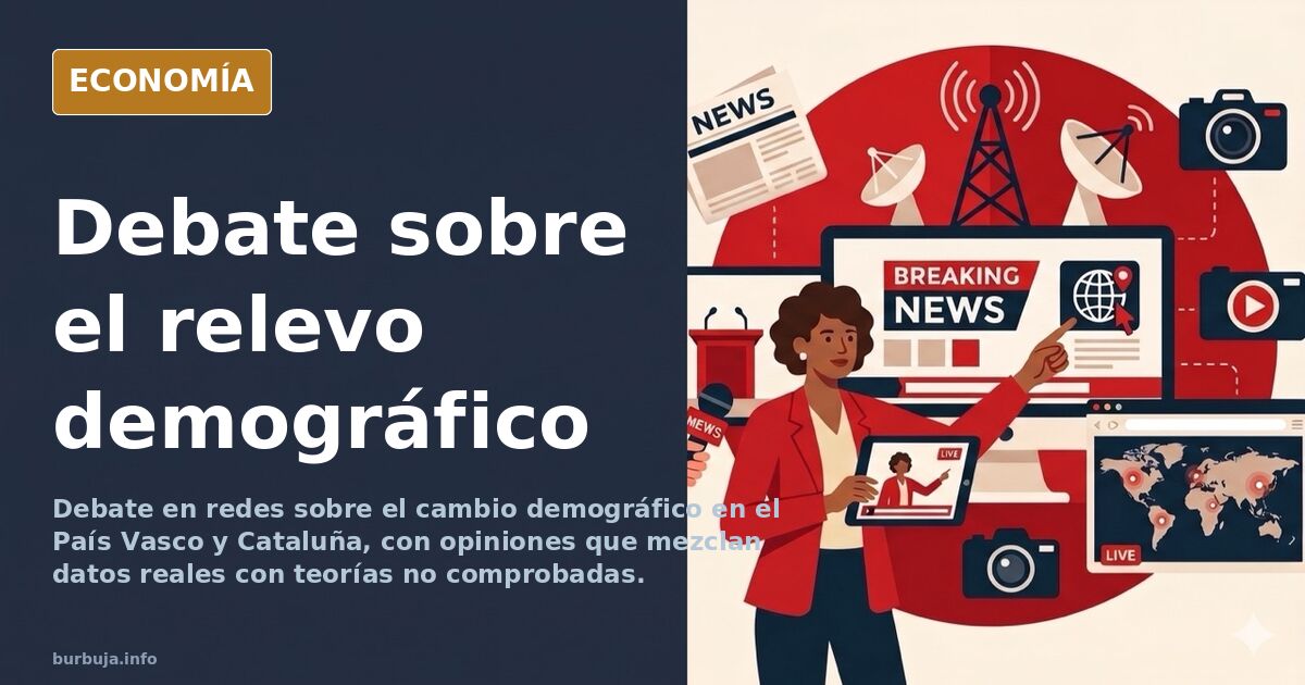 Ilustración editorial en azul marino y dorado de una calle vasca con carteles en varios idiomas y una bandera independentista