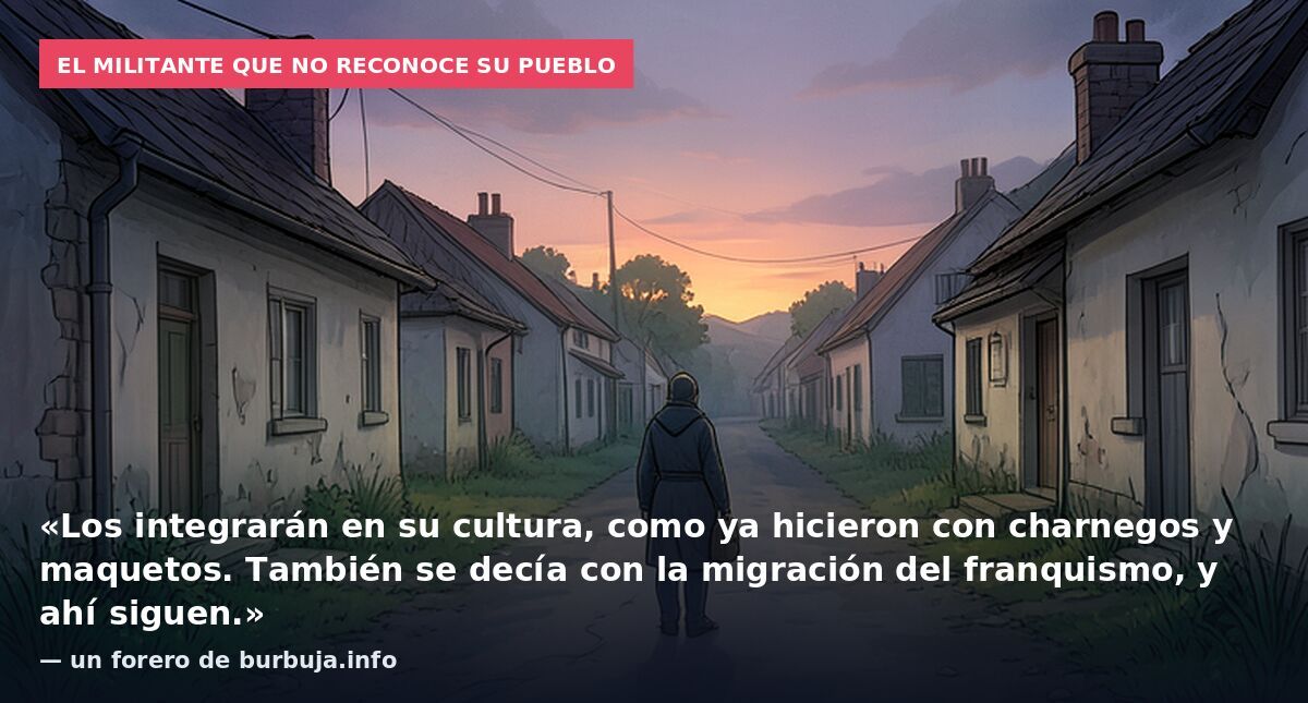 El militante que no reconoce su pueblo: «Los integrarán en su cultura, como ya hicieron con charnegos y maquetos. También se decía con la migración del franquismo, y ahí siguen.» — un forero de burbuja.info