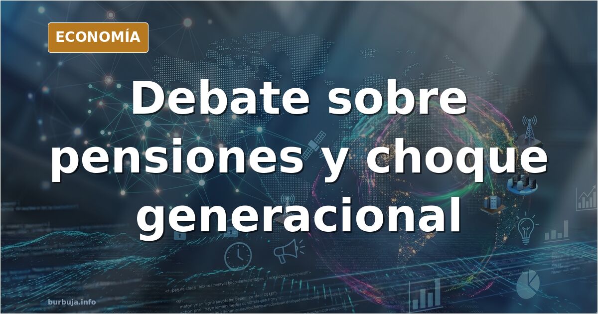 Ilustración editorial en azul marino y dorado con siluetas de generaciones y una balanza que simboliza el sistema de pensione
