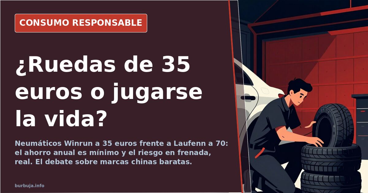 Neumático Winrun de bajo coste montado en la rueda trasera de un coche aparcado junto a un taller