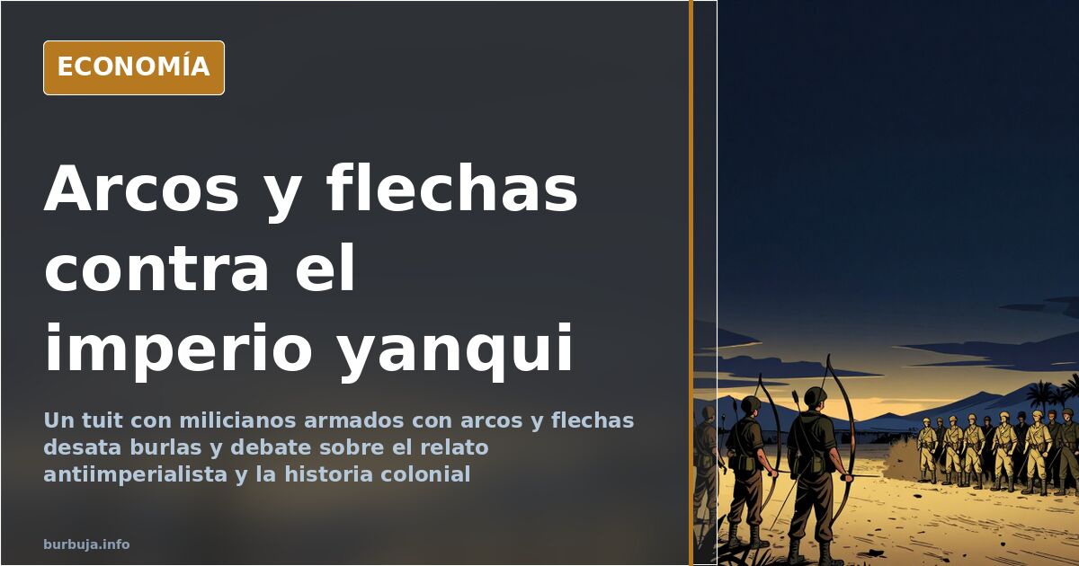 Ilustración editorial de milicianos indígenas con arcos y flechas frente a un portaaviones, en tonos azul marino y dorado