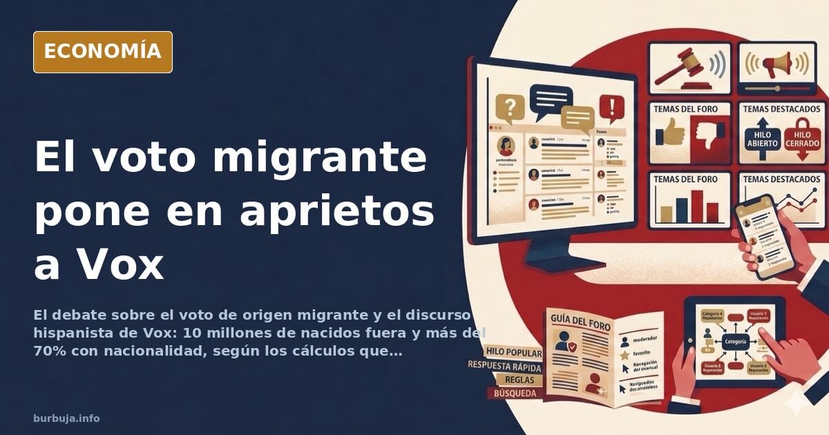 Ilustración editorial en azul marino y dorado con urnas electorales y siluetas de votantes de distintos orígenes