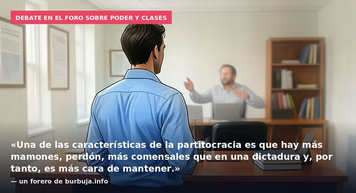 Debate en el foro sobre poder y clases: «Una de las características de la partitocracia es que hay más mamones, perdón, más comensales que en una dictadura y, por tanto, es más cara de mantener.» — un forero de burbuja.info