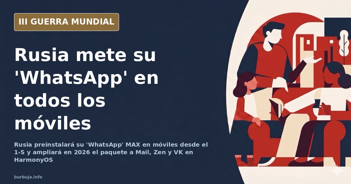 Silueta de un smartphone con la interfaz de una app de mensajería rusa preinstalada sobre un mapa de Rusia en tonos desaturad