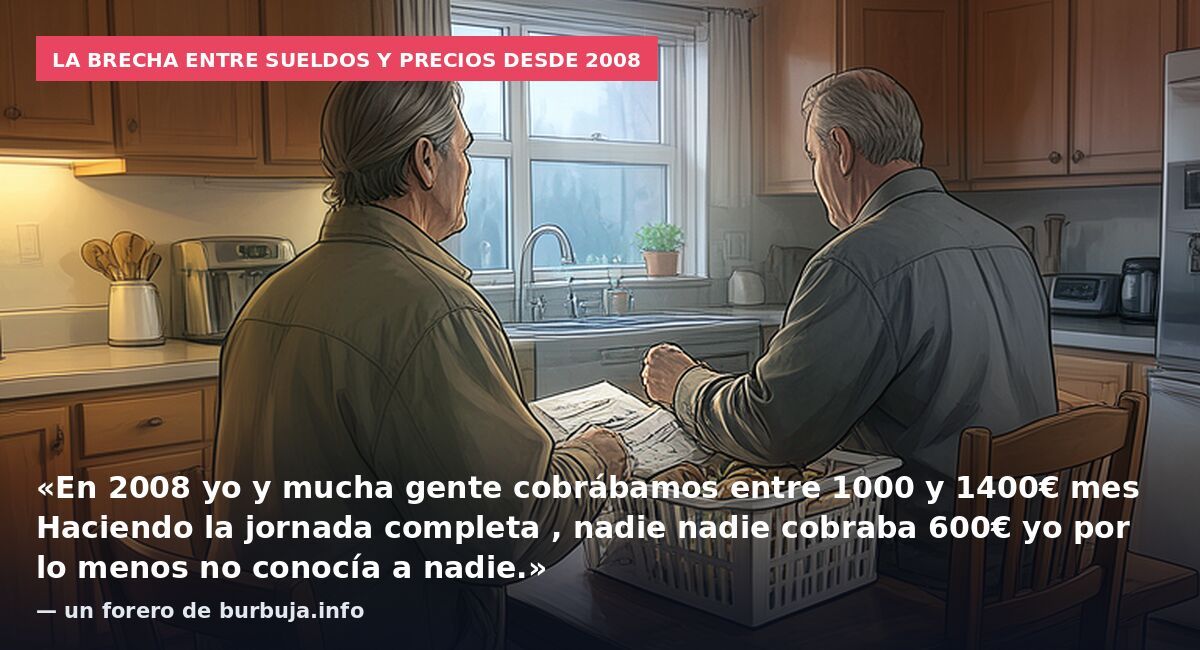 La brecha entre sueldos y precios desde 2008: «En 2008 yo y mucha gente cobrábamos entre 1000 y 1400€ mes Haciendo la jornada completa , nadie nadie cobraba 600€ yo por lo menos no conocía a nadie.» — un forero de burbuja.info