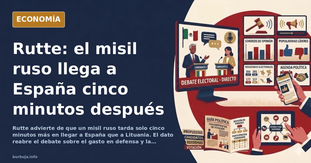Ilustración editorial de un misil hipersónico sobrevolando el mapa de Europa con España y Lituania señaladas y un reloj marca