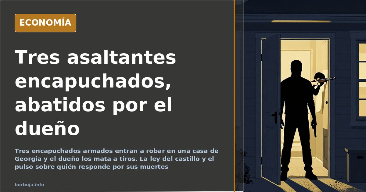Ilustración editorial de una puerta de vivienda forzada de noche con siluetas encapuchadas y una figura armada en el interior
