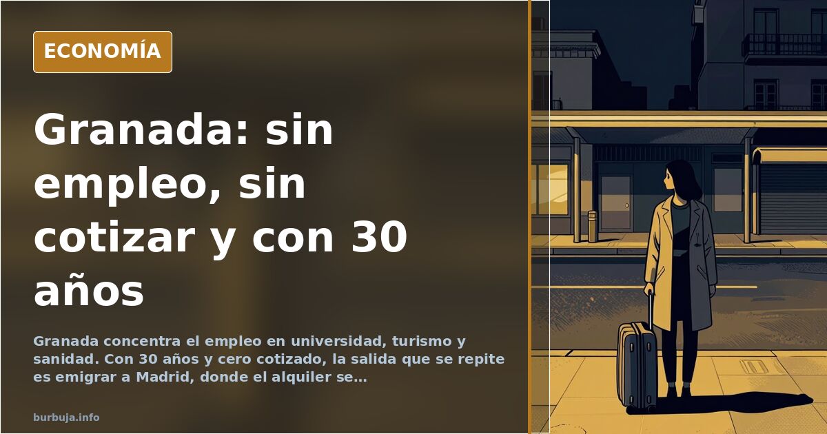 Ilustración editorial de una maleta abierta junto a un mapa de España con Granada marcada y rutas hacia Madrid y Barcelona