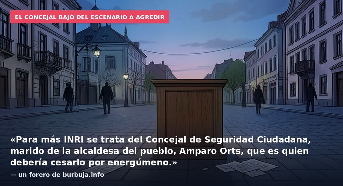 El concejal bajó del escenario a agredir: «Para más INRI se trata del Concejal de Seguridad Ciudadana, marido de la alcaldesa del pueblo, Amparo Orts, que es quien debería cesarlo por energúmeno.» — un forero de burbuja.info