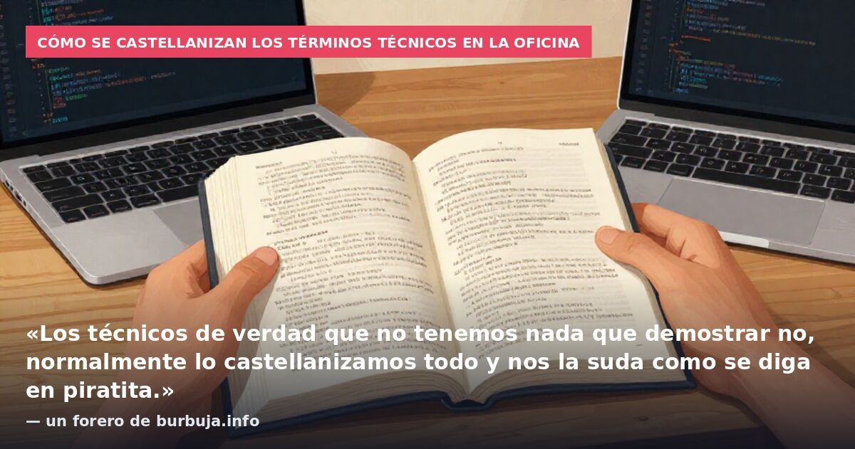 Cómo se castellanizan los términos técnicos en la oficina: «Los técnicos de verdad que no tenemos nada que demostrar no, normalmente lo castellanizamos todo y nos la suda como se diga en piratita.» — un forero de burbuja.info