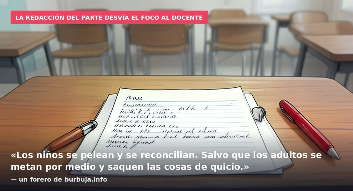 La redacción del parte desvía el foco al docente: «Los niños se pelean y se reconcilian. Salvo que los adultos se metan por medio y saquen las cosas de quicio.» — un forero de burbuja.info