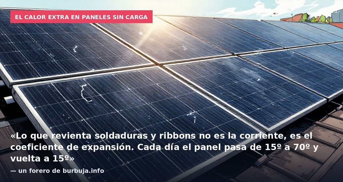 El calor extra en paneles sin carga: «Lo que revienta soldaduras y ribbons no es la corriente, es el coeficiente de expansión. Cada día el panel pasa de 15º a 70º y vuelta a 15º» — un forero de burbuja.info